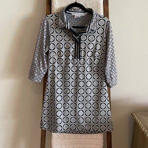 Gretchen Scott taupe, black & white print 3/4 sleeve classic shift dress